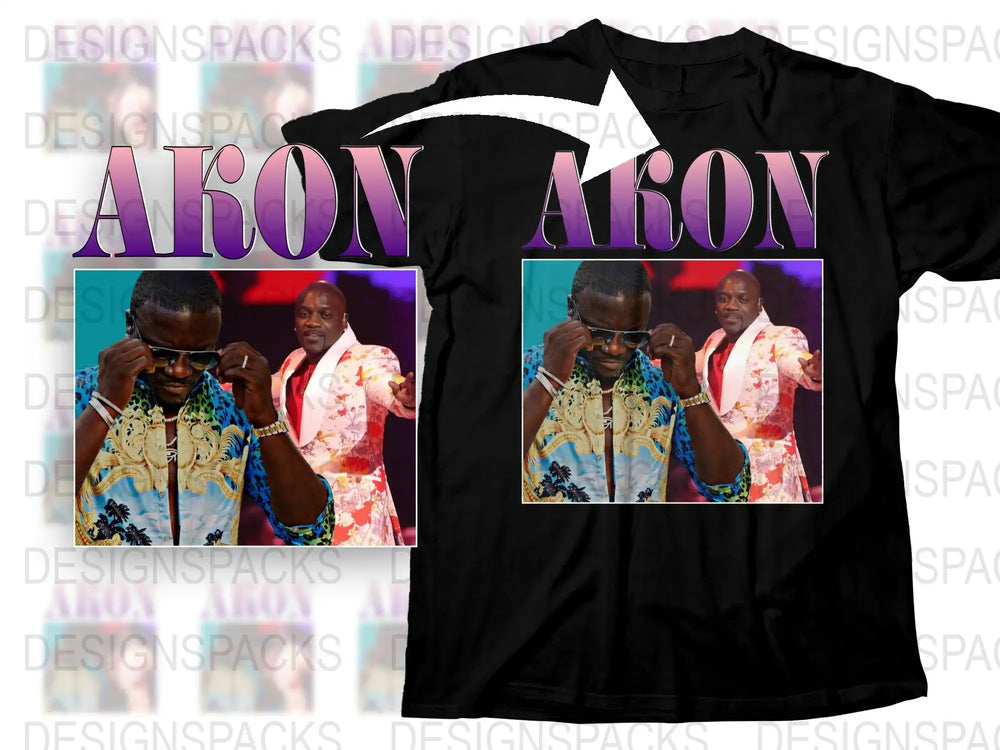 Vintage Akon Graphic T-Shirt, Retro 90s Hip Hop Style Tee, Music Pop Culture Fashion, Unisex Black Shirt with Colorful Print