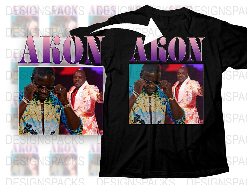 Vintage Akon Graphic T-Shirt, Retro 90s Hip Hop Style Tee, Music Pop Culture Fashion, Unisex Black Shirt with Colorful Print