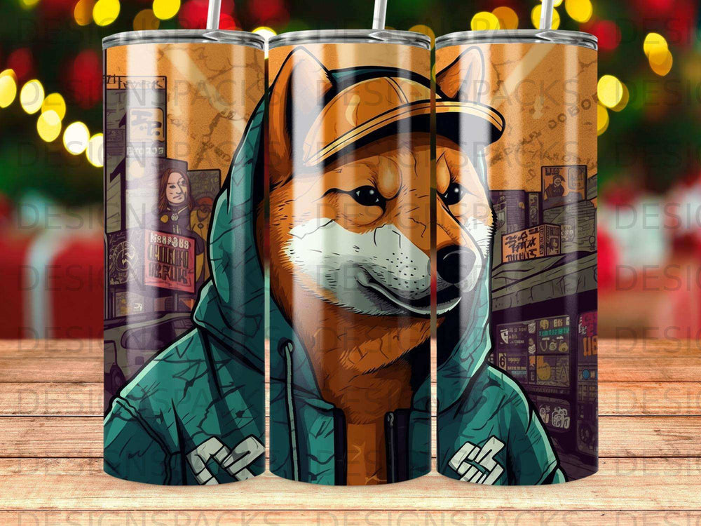 Cartoon Shiba Inu dog wearing a hoodie and a hat, against a cityscape.