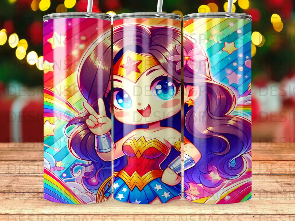 Cute Wonder Woman with rainbow background and stars.