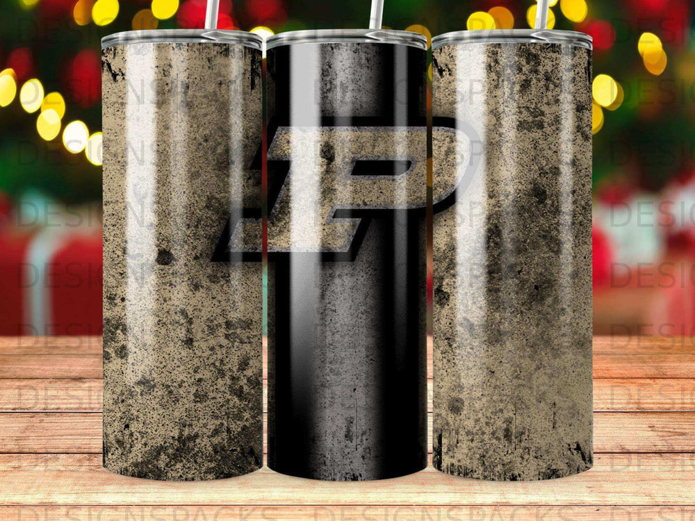 Three tumblers featuring the Purdue Boilermakers logo with a distressed background.