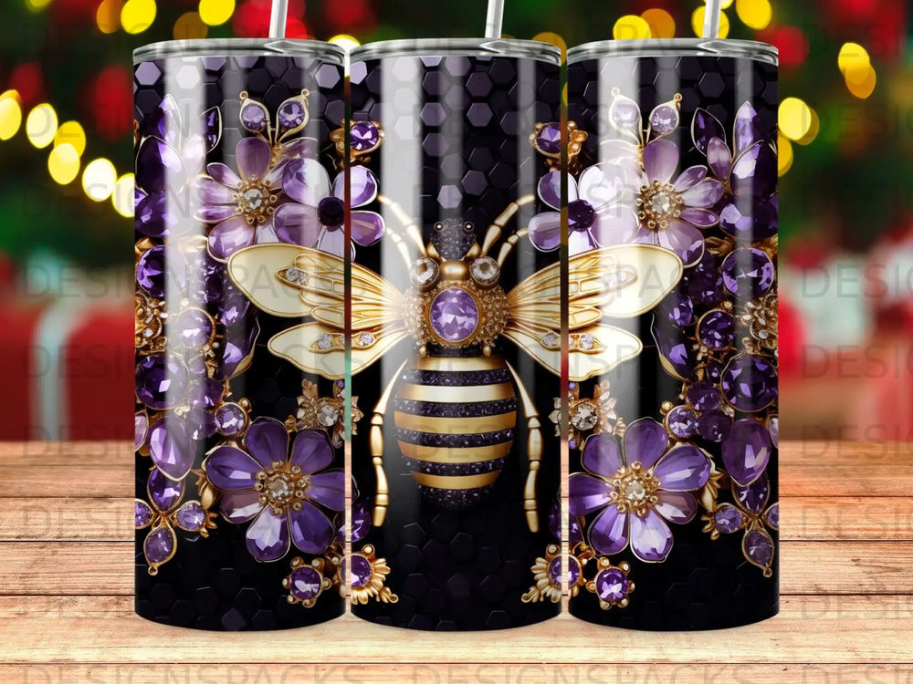Bee with purple flowers and gold accents on a black honeycomb background.