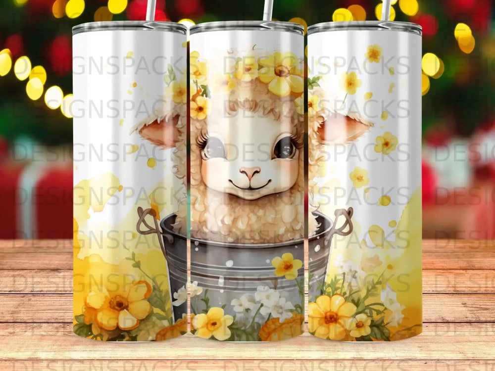 Front view of a cartoon sheep's head peeking over a bucket of yellow flowers.