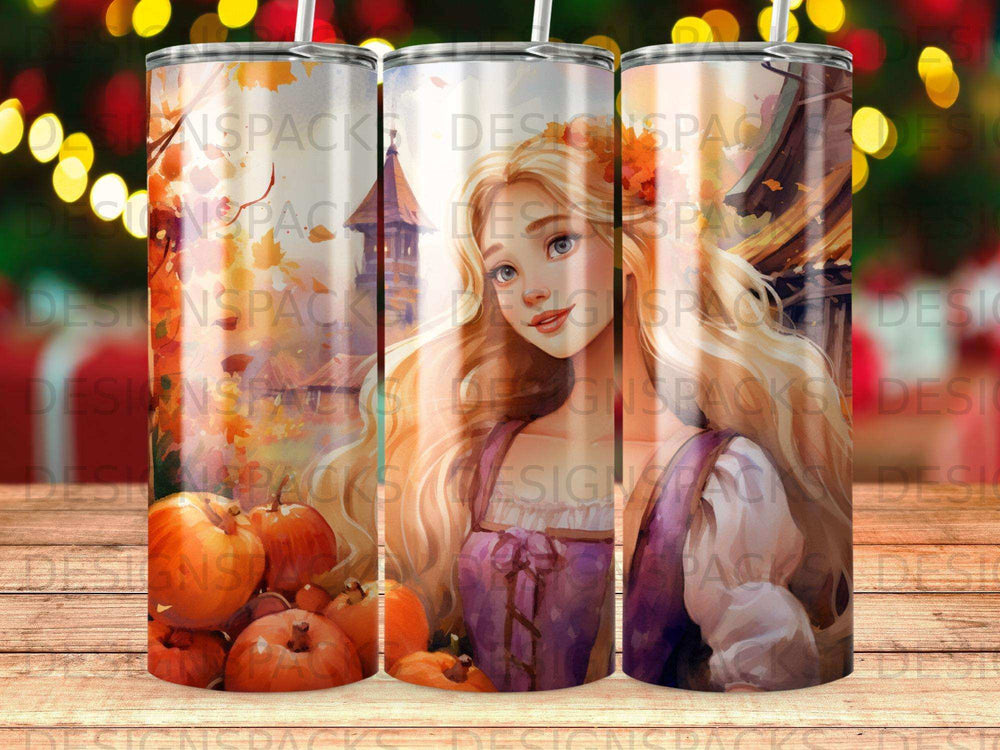 Rapunzel and pumpkins on a tumbler design.