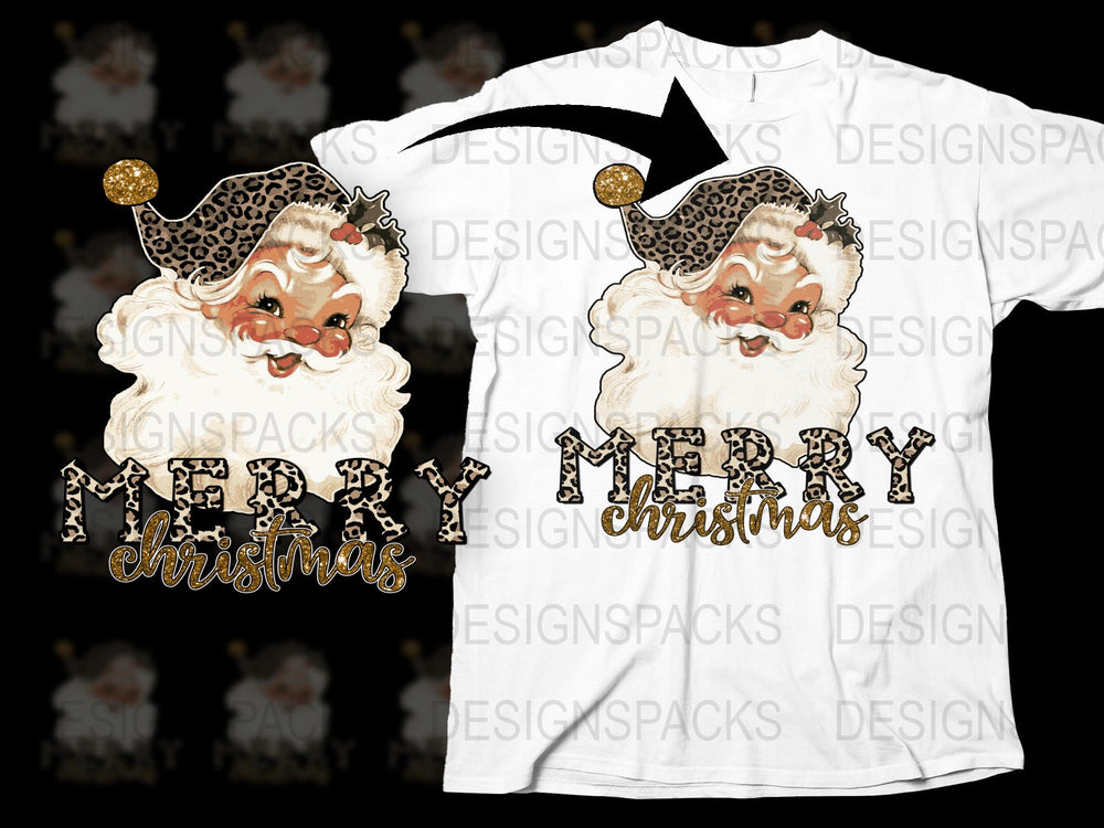 Merry Christmas Santa T-Shirt, Festive Holiday Tee, Leopard Print Santa Hat, Unisex Christmas Shirt Gift Idea.