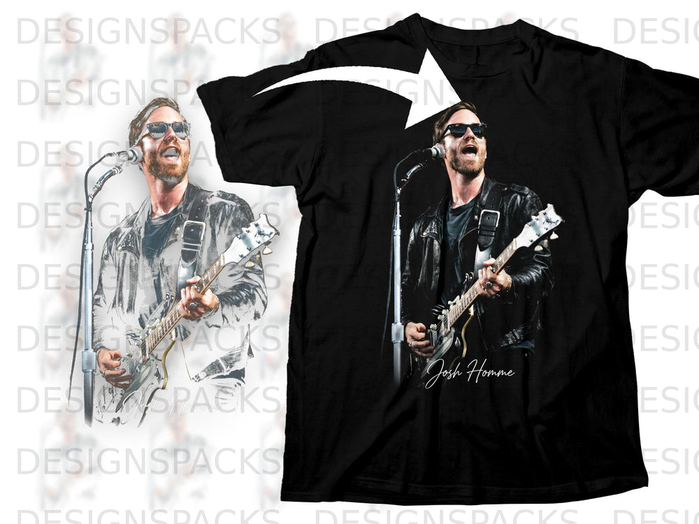 Black t-shirt featuring a printed image of Josh Homme playing guitar.