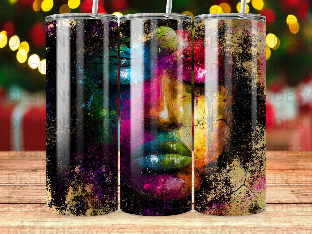 Abstract portrait with colorful paint splashes and distressed texture.