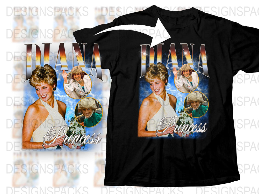 Vintage Princess Diana Graphic T-Shirt, Retro Royal Pop Culture Tee, 90s Fashion, Black Shirt with Iconic Images, Collectible Memorabilia