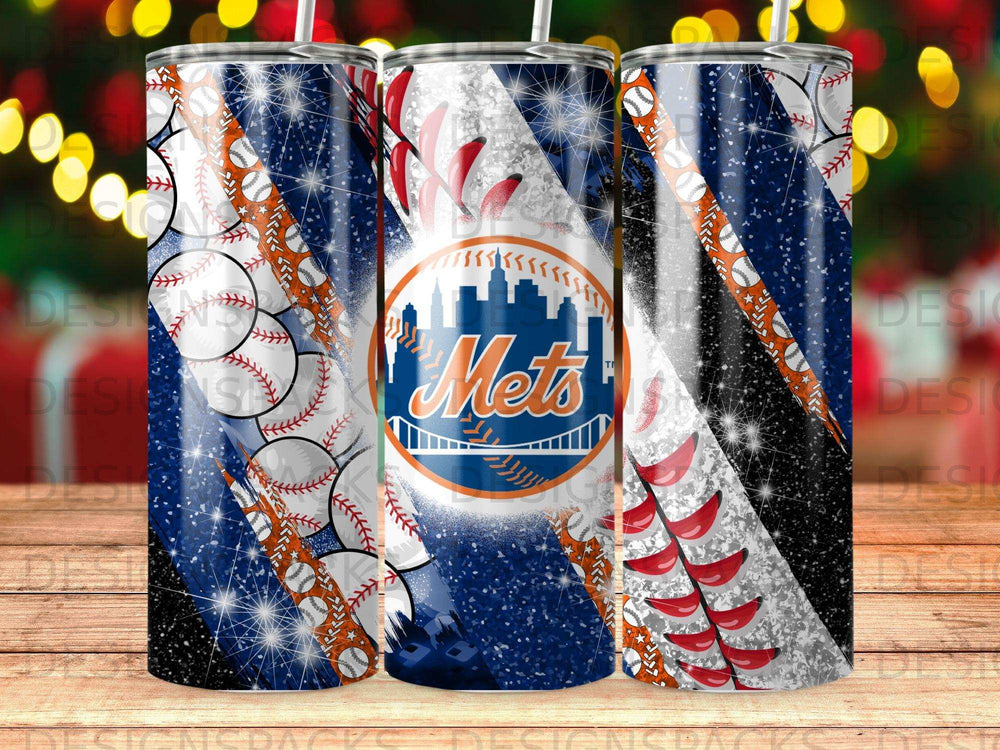 New York Mets baseball tumbler with glitter and distressed patterns.