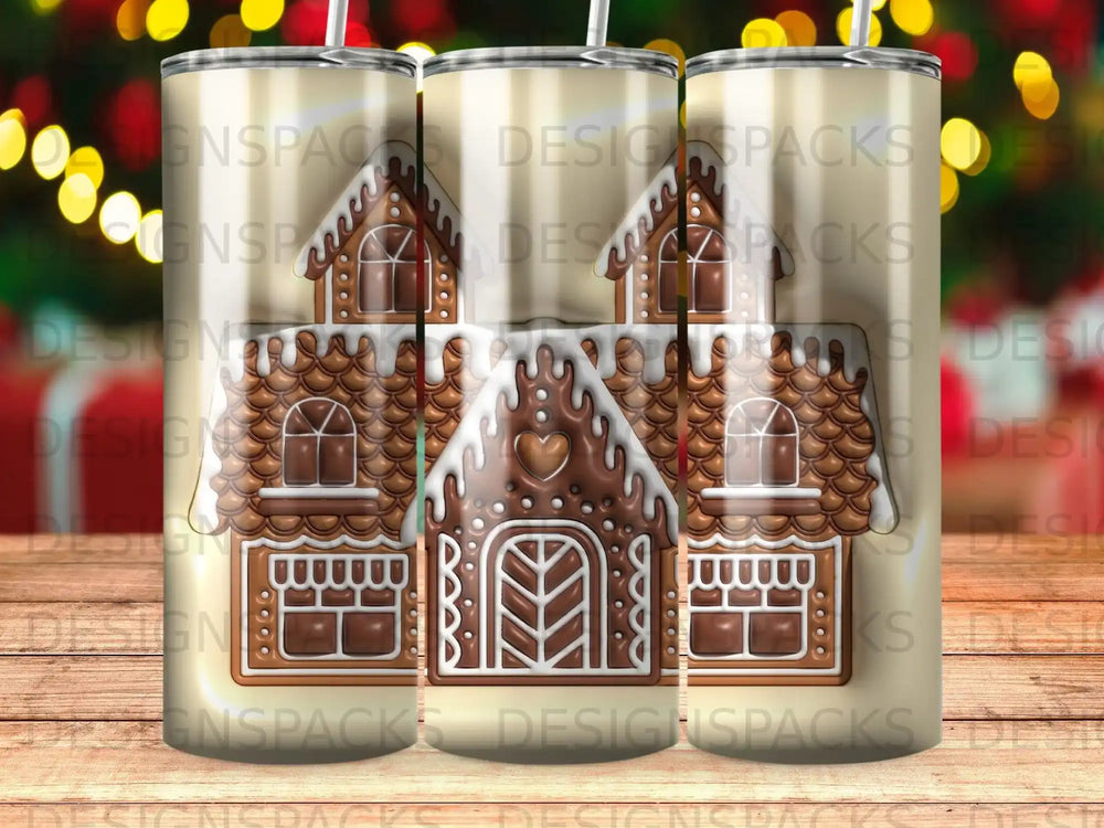 Gingerbread house tumbler with a creamy white and brown patterned background.
