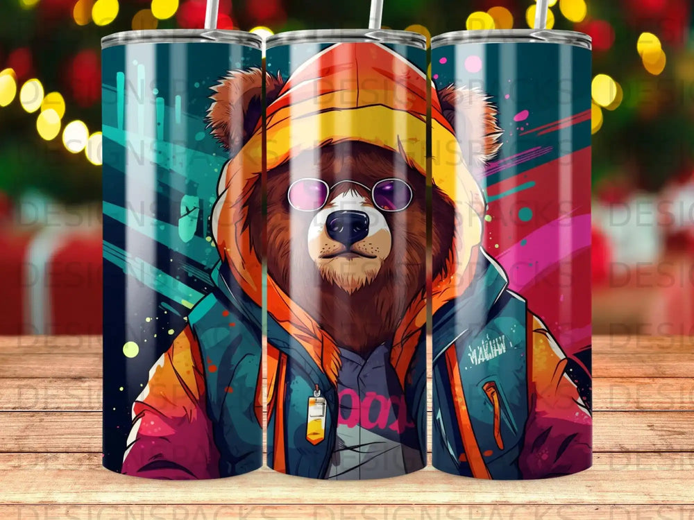 Bear wearing sunglasses and a hooded jacket with a colorful background.