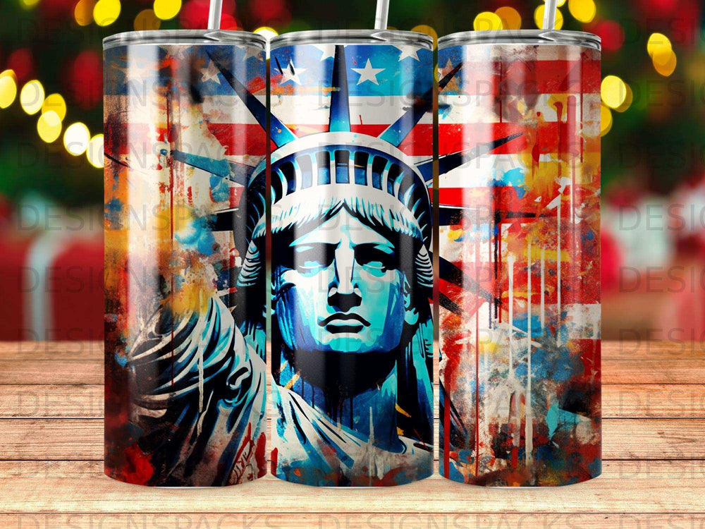 Statue of Liberty with American flag, painted abstract background.