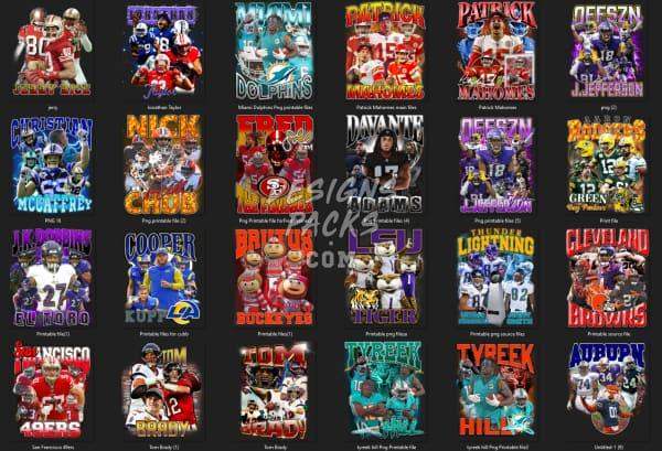 Print-ready NFL player designs for DTF/DTG, embroidery, and tumbler wraps, featuring team logos and names.