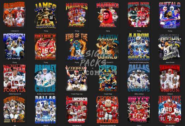Football player designs for DTF/DTG, embroidery, and tumbler wraps, featuring team logos and player names.