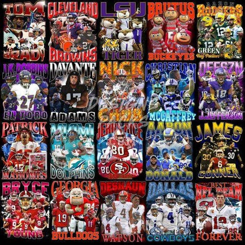 NFL football player designs for DTF DTG printing, featuring team logos, mascots, and player names in vibrant graphics