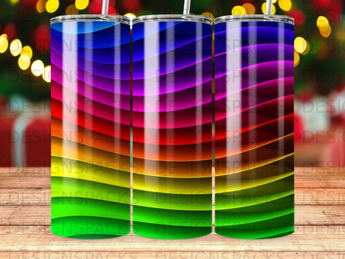 Three tumblers with a wavy rainbow striped pattern.