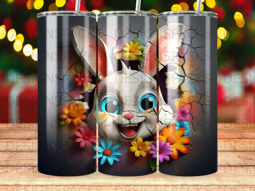 Cracked Easter bunny head with colorful flowers on a dark textured background.