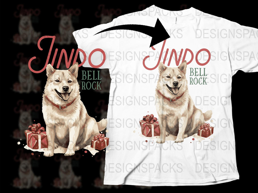 Jindo Dog Christmas T-Shirt, Holiday Gift Idea, Festive Puppy with Presents Design, Unisex White Tee