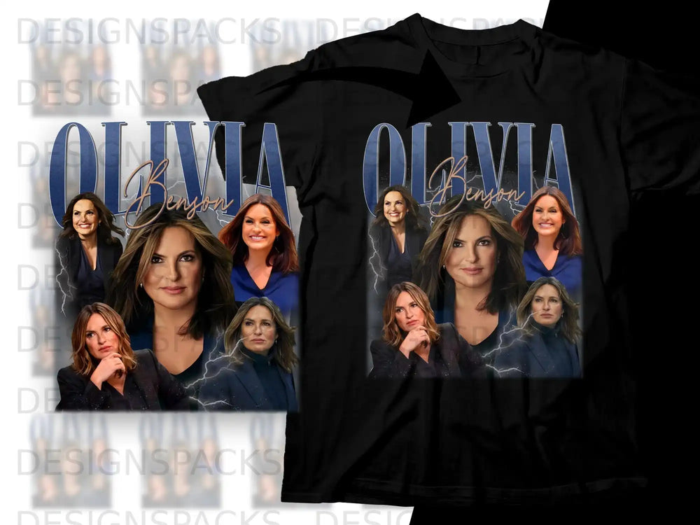 Collage of actress Mariska Hargitay as Olivia Benson on a black t-shirt.