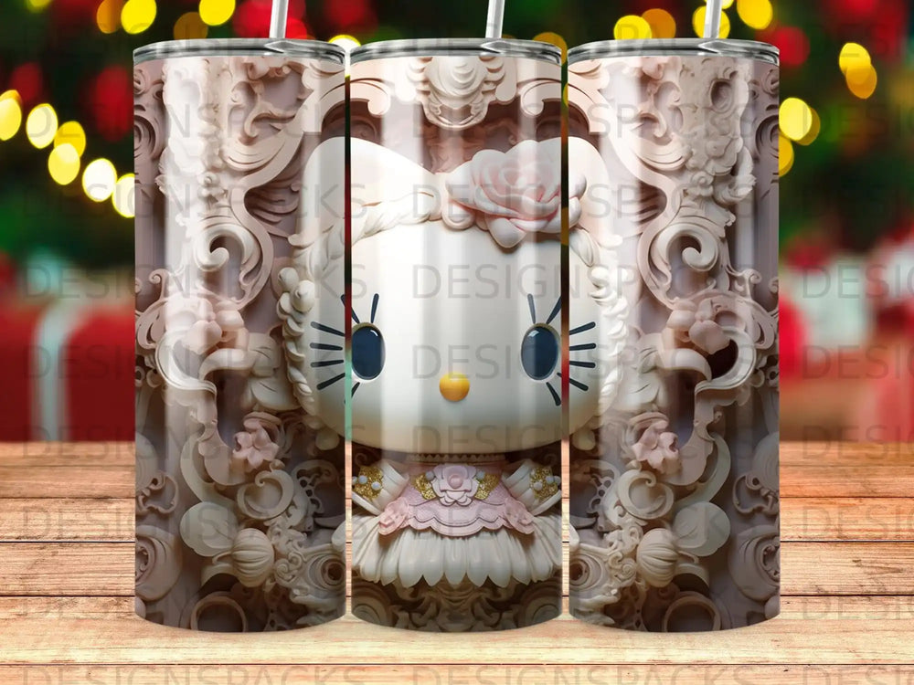 Hello Kitty in detailed 3D embossed relief on a cylindrical tumbler with festive lights.