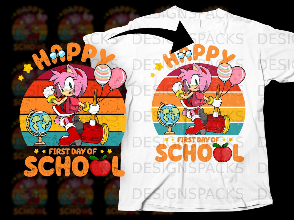Amy Rose with balloons, a globe, and "Happy First Day of School" text.
