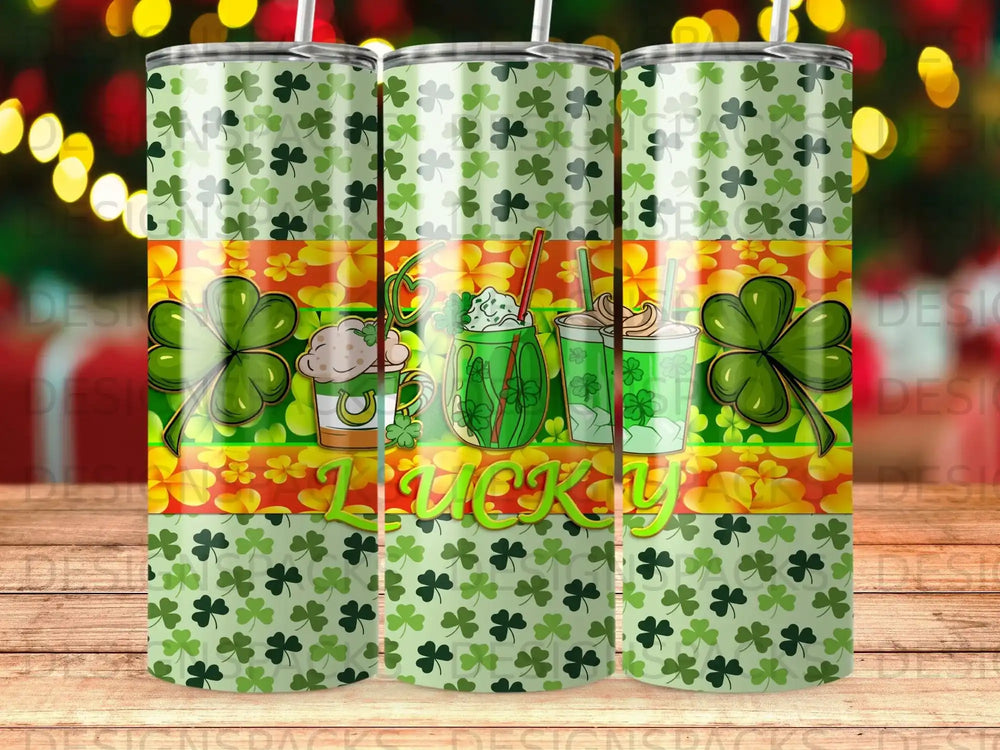 Green tumbler with shamrocks, clovers, and "Lucky" text.