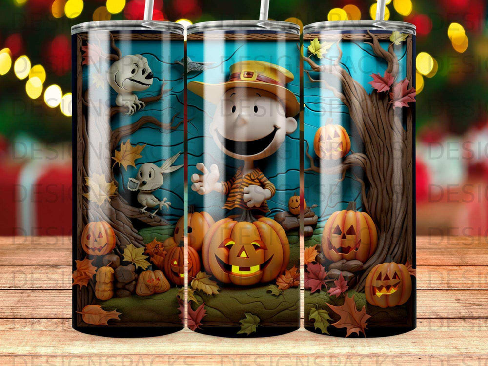 Snoopy and Woodstock in a Halloween scene with pumpkins and autumn leaves.