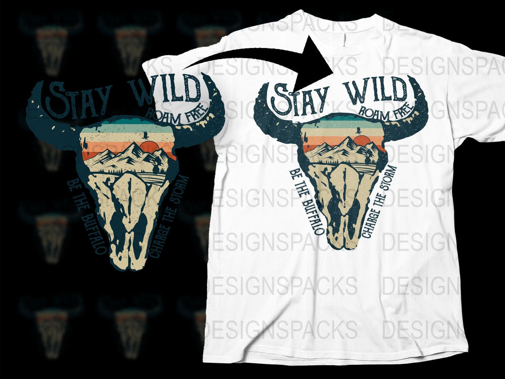 Stay Wild Roam Free Buffalo Skull Graphic T-Shirt, Vintage Style Adventure Tee, Nature Inspired Unisex Clothing