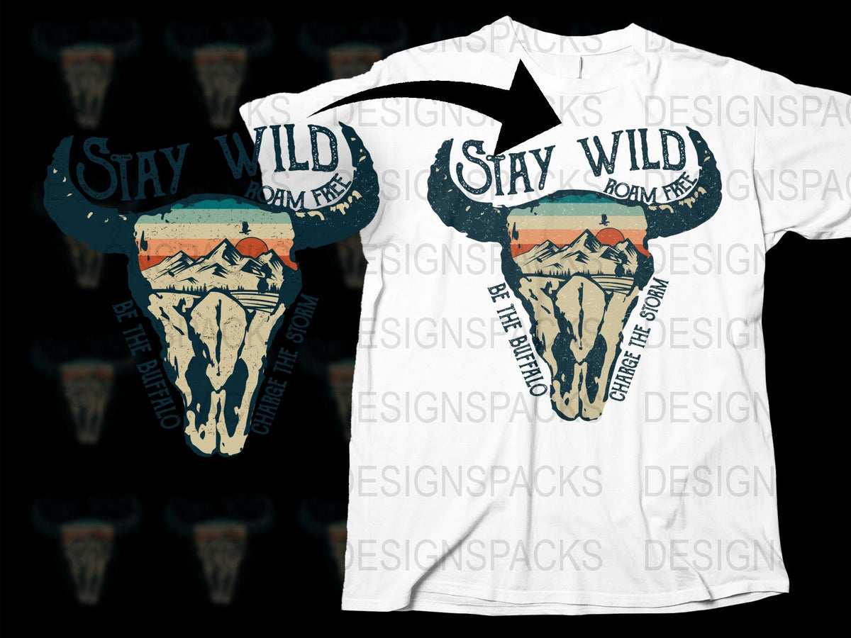 Stay Wild Roam Free Buffalo Skull Graphic T-Shirt, Vintage Style Adventure Tee, Nature Inspired Unisex Clothing