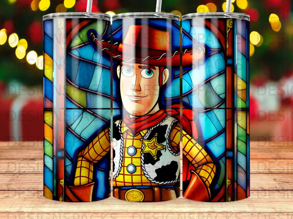 Toy Story's Woody character against a stained-glass background.