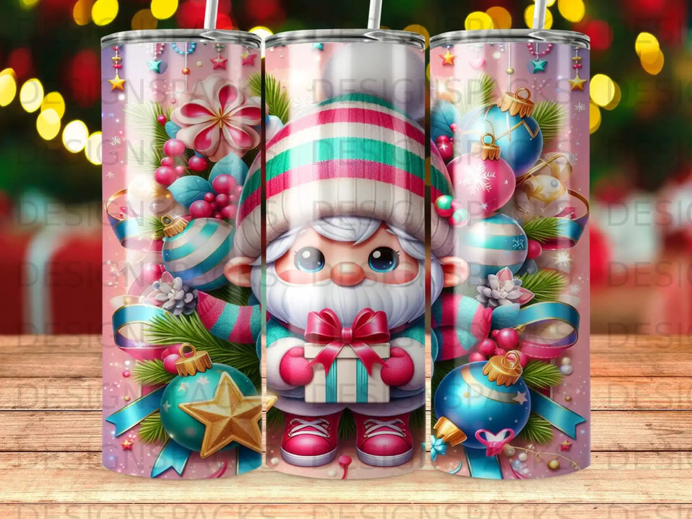 Gnome in striped hat holding gift box surrounded by Christmas ornaments and glitter.