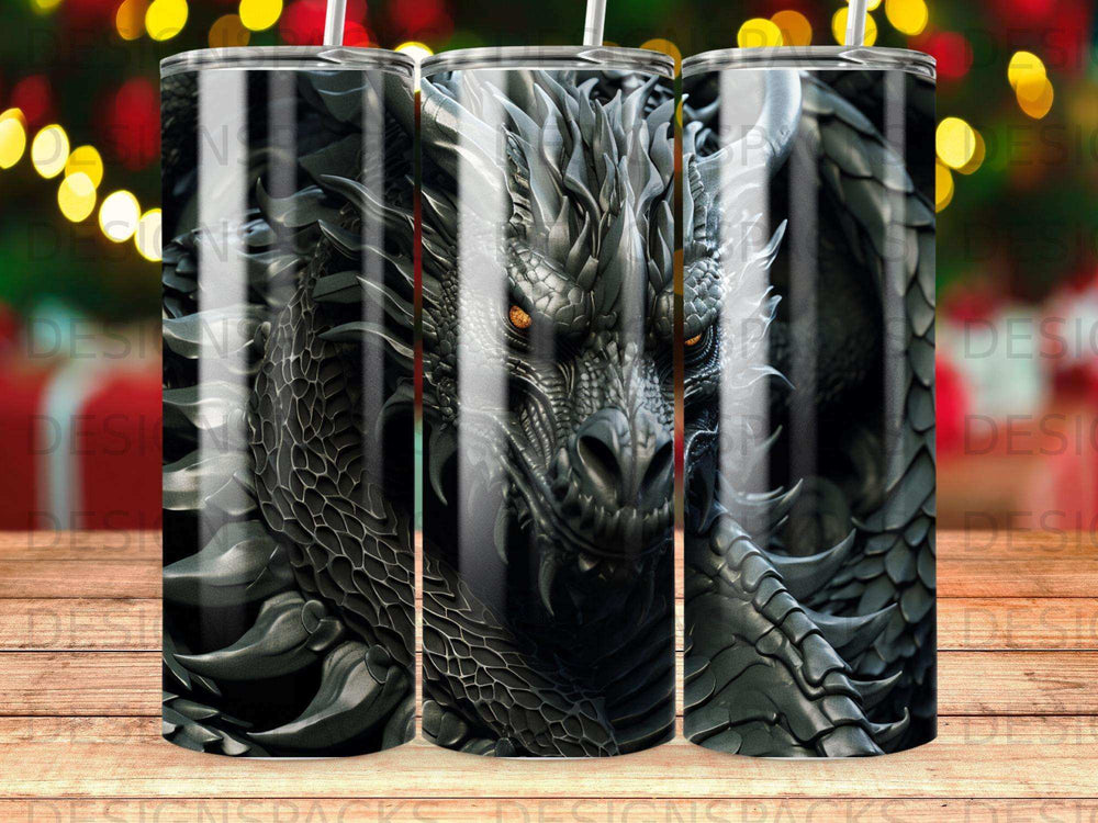 Dark dragon face with orange eyes on a patterned tumbler.