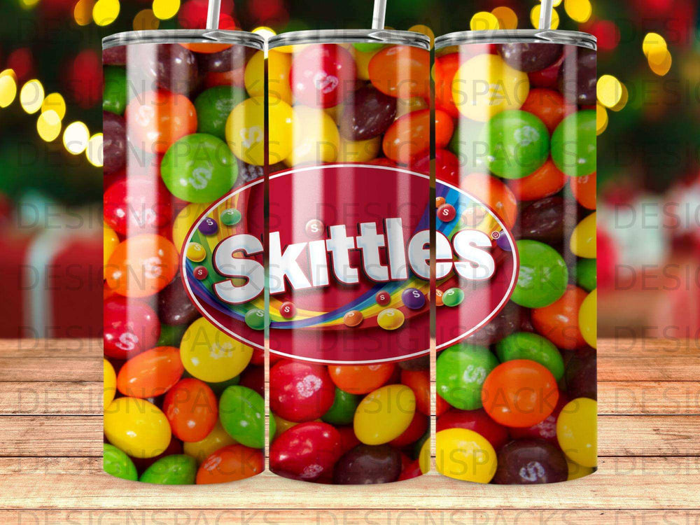 Skittles candy wrappers on a cylindrical tumbler.