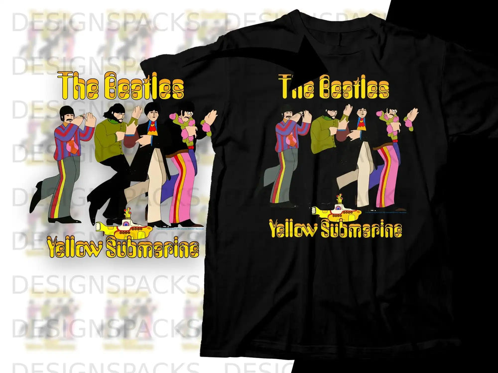 The Beatles Yellow Submarine album cover design on a black t-shirt.