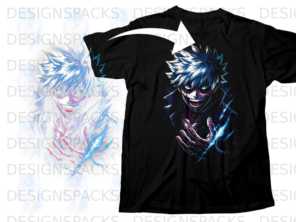 Black t-shirt featuring a graphic of an anime character with spiky white and blue hair.