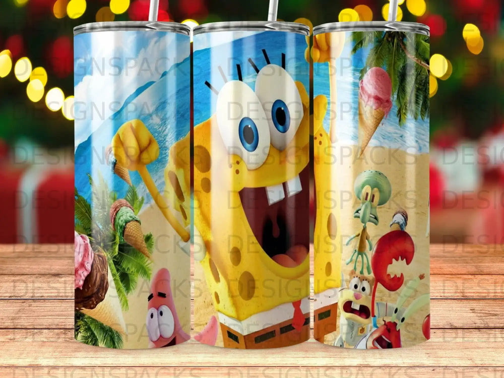 SpongeBob SquarePants characters on tumblers with beach and ocean backgrounds.
