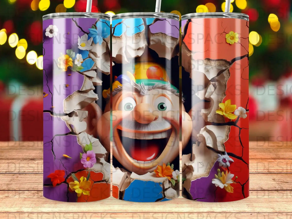 Man in clown makeup bursting through a cracked wall with flowers.