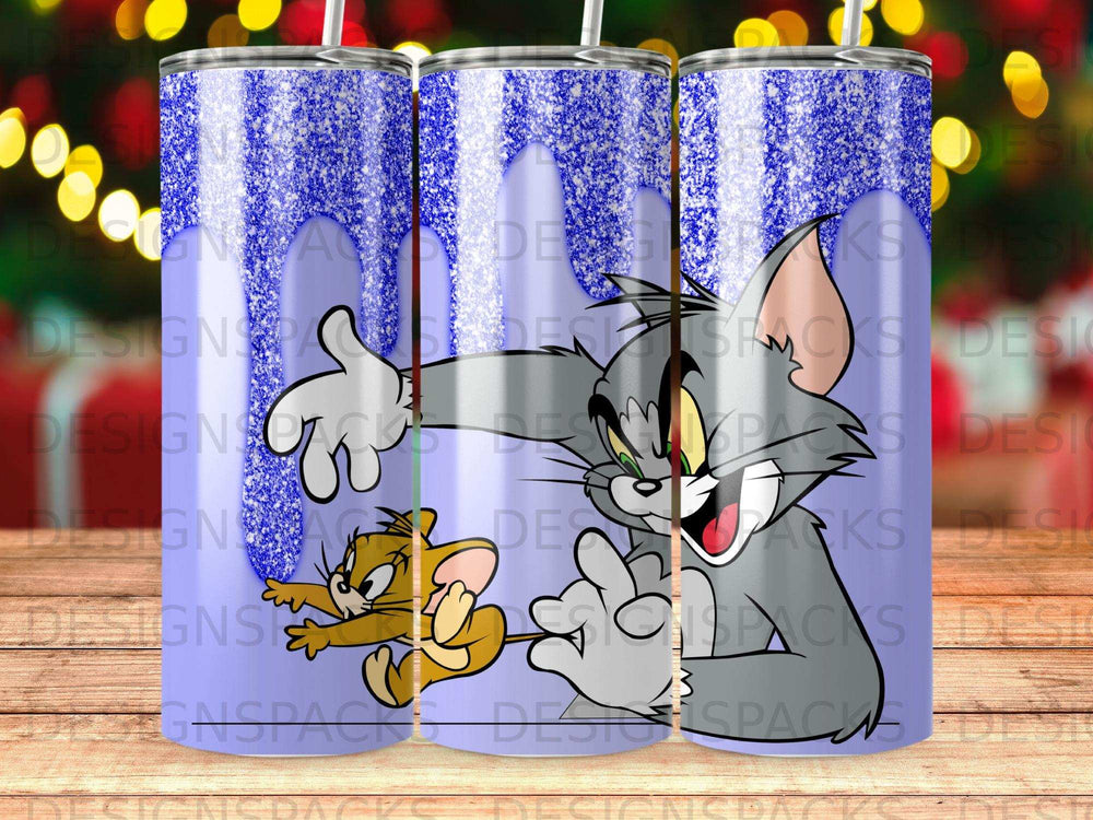 Tom and Jerry cartoon characters with blue glitter background.