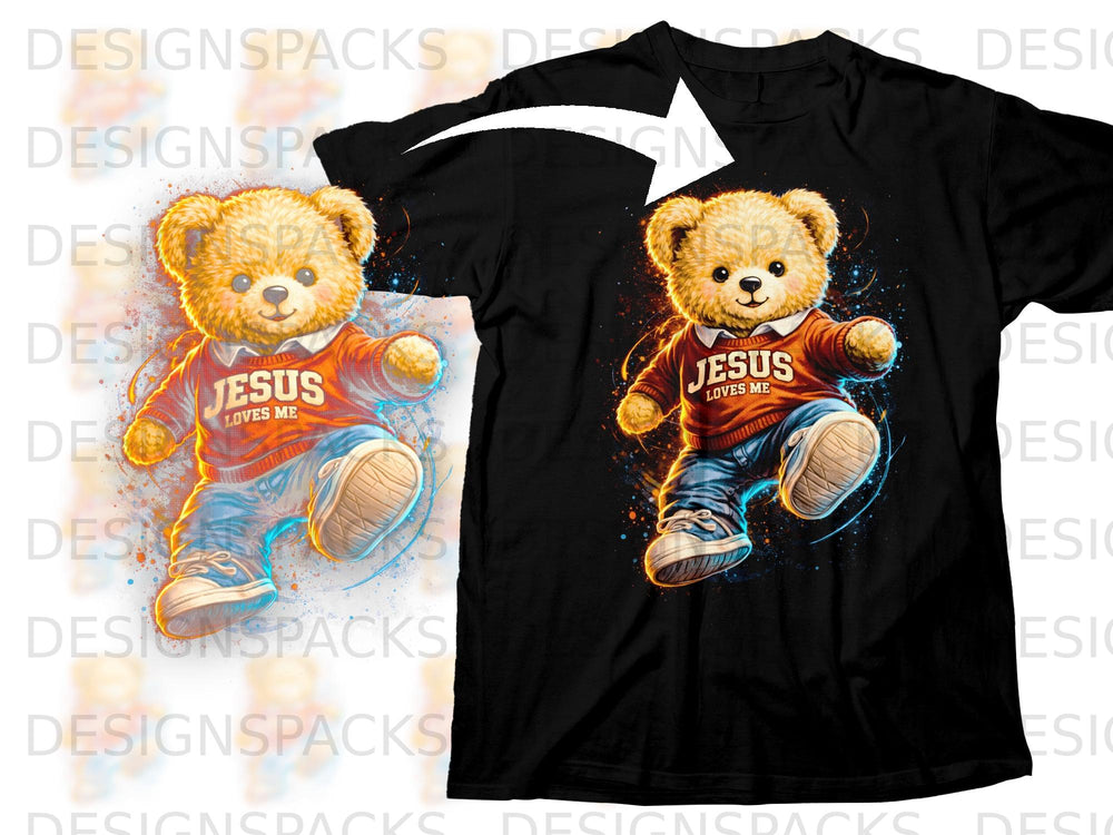 Teddy bear wearing an orange sweater with "Jesus Loves Me" text on a black t-shirt.