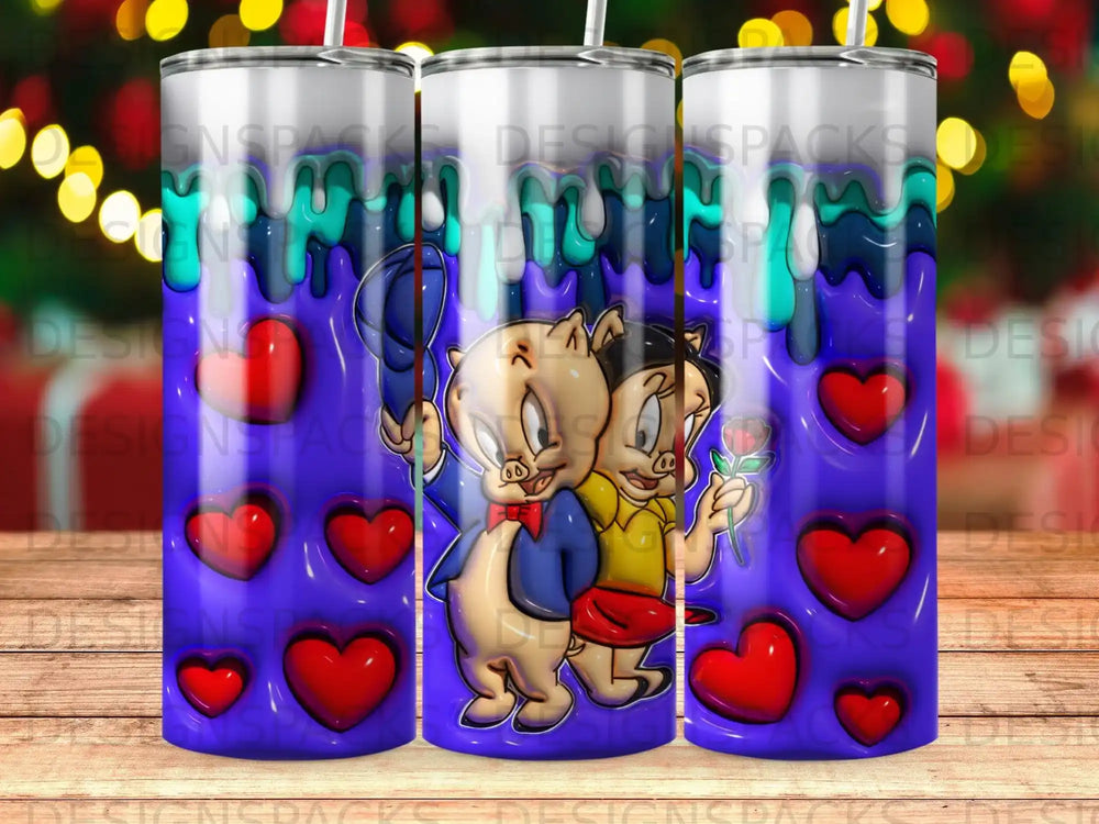 Porky Pig and Petunia Pig with hearts and a rose on a tumbler.