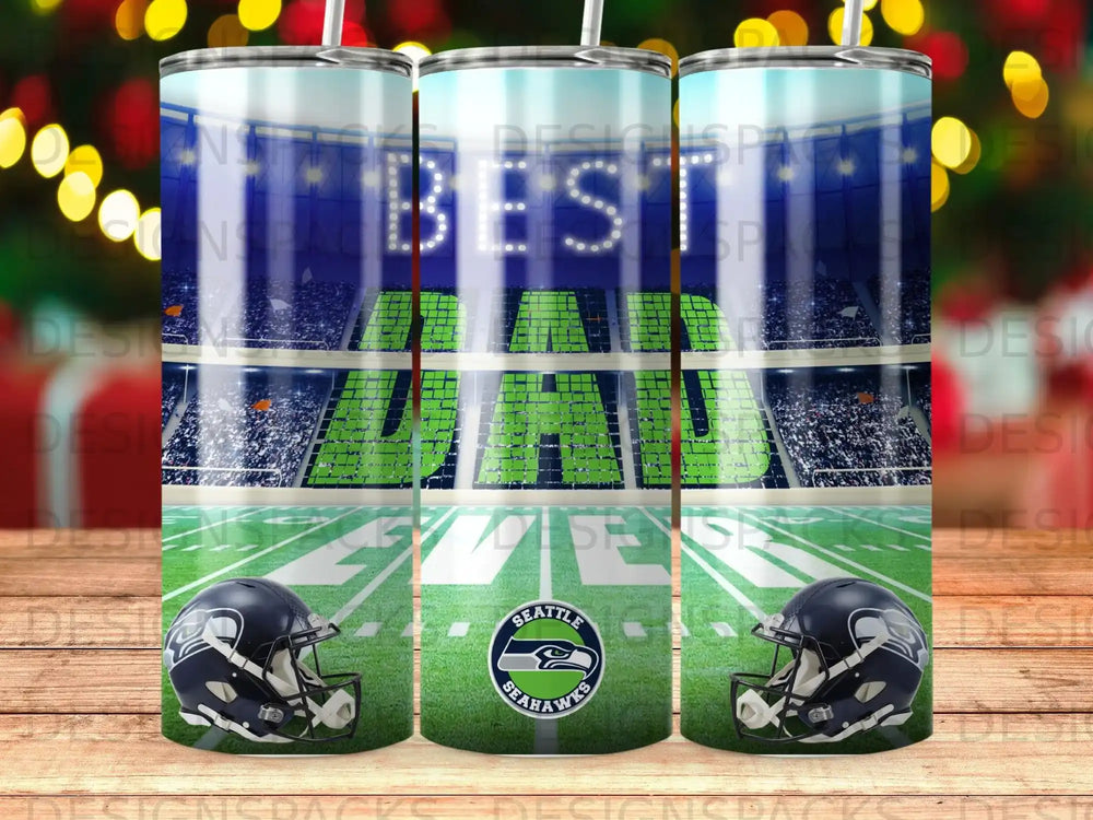 Seattle Seahawks "BEST DAD" tumbler with stadium and helmets.