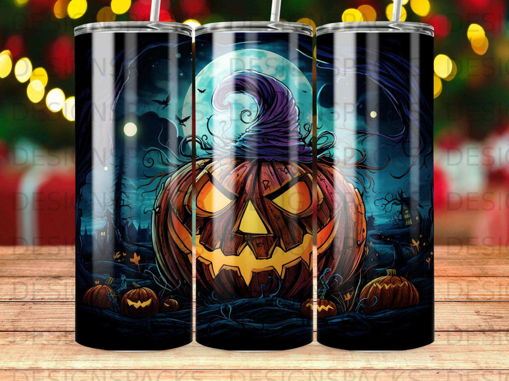 Spooky jack-o'-lantern with a witch hat and eerie forest background.