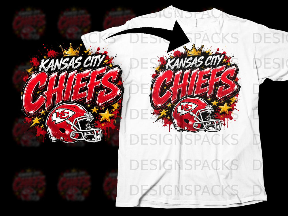 Kansas City Chiefs graphic with helmet, crown, stars, and splattered paint.