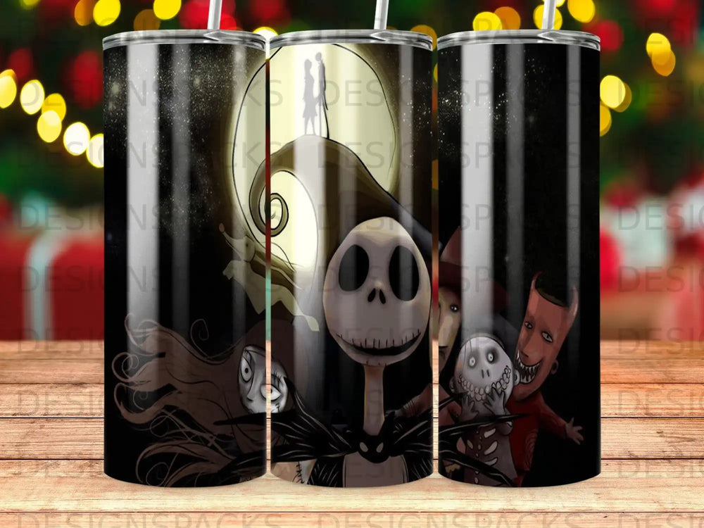 Jack Skellington and friends from The Nightmare Before Christmas on a tumbler.