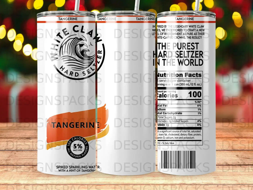 White Claw Tangerine hard seltzer can with nutrition facts visible.