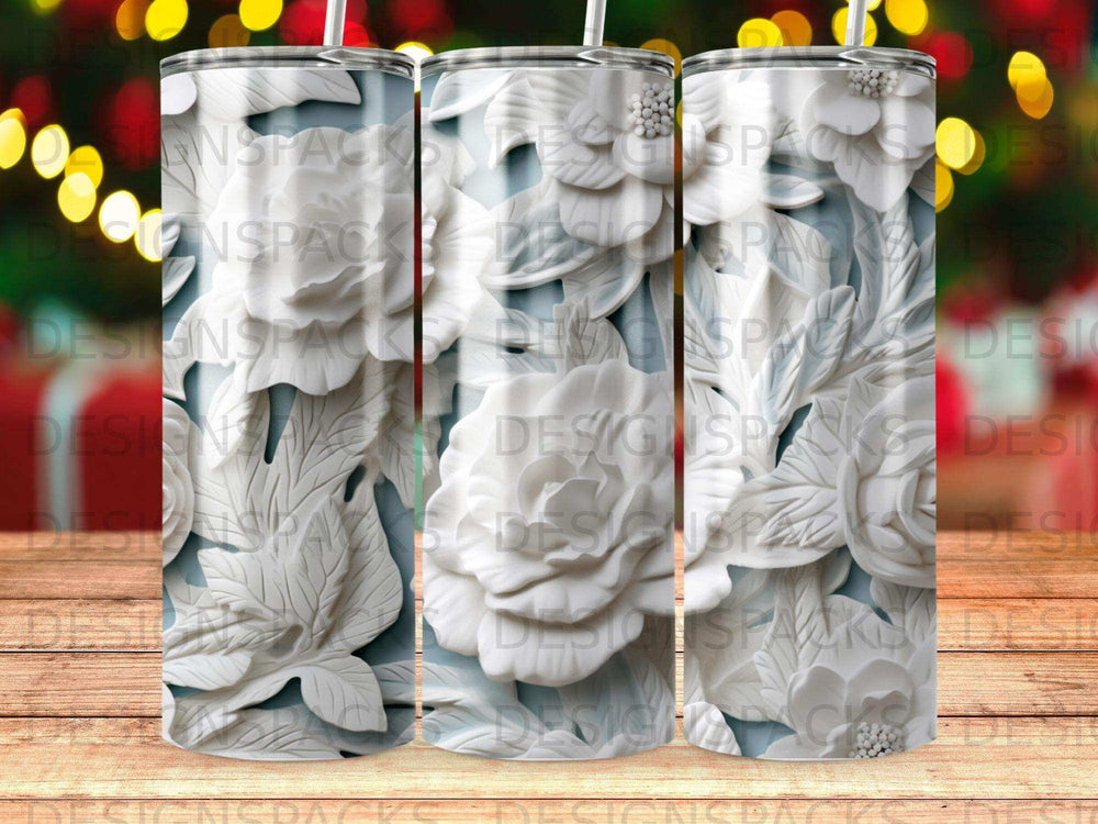 3D embossed white floral pattern on a light blue background tumbler.