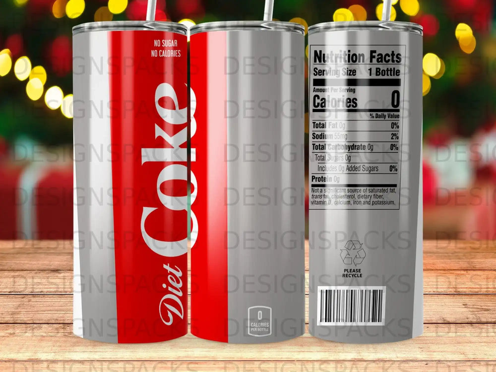 Coke Diet, no sugar, no calories, nutrition facts and recycling symbol.
