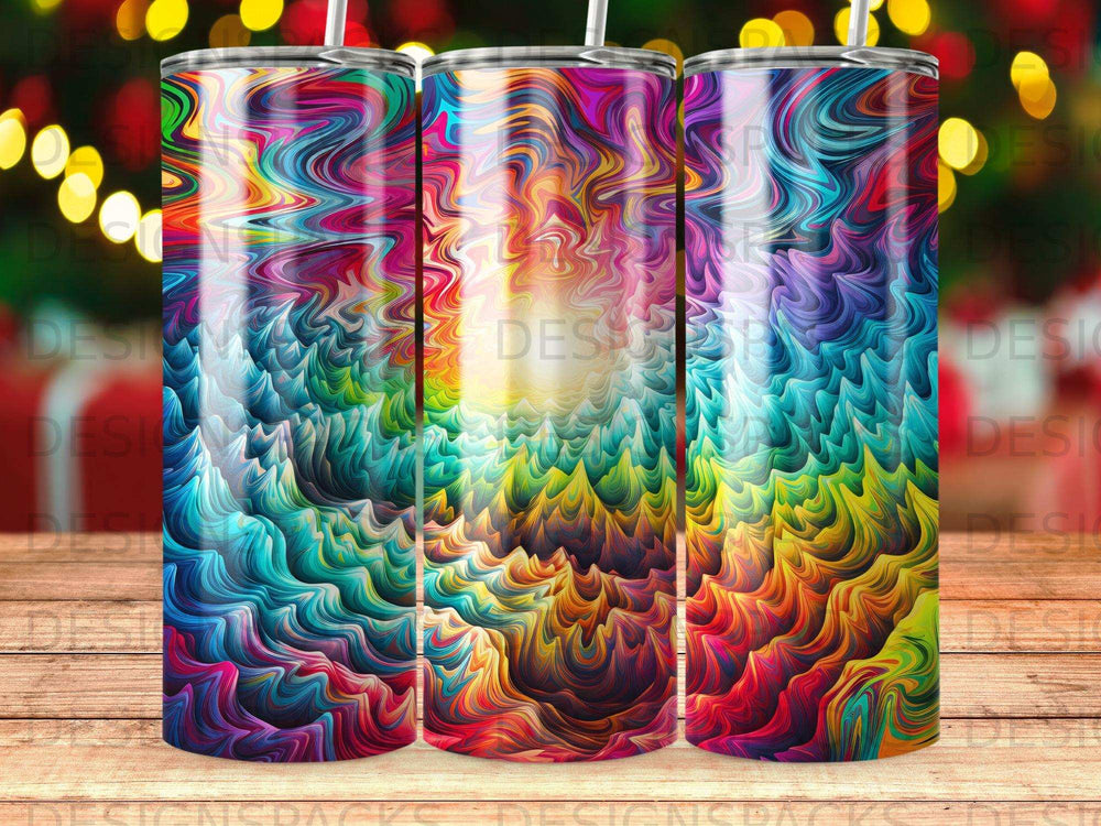 Three tumblers with a vibrant, abstract swirling pattern of colorful paint.