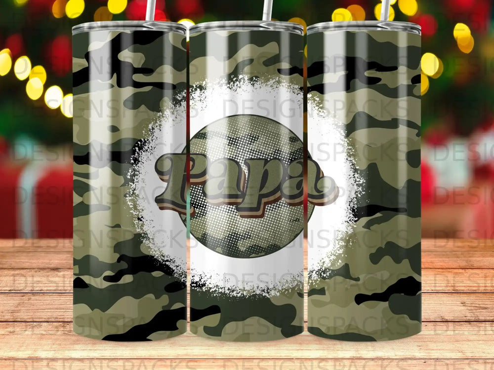 Camouflage tumbler with "Papa" text and checkered circle detail.