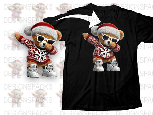 Cute Teddy Bear Christmas T-Shirt, Festive Holiday Tee with Santa Hat and Gloves, Snowflake Sweater Design for Winter